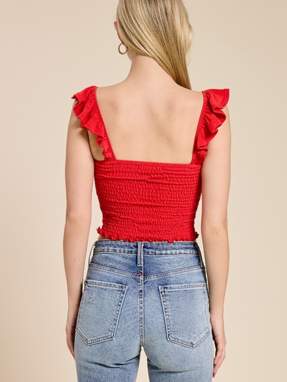 Smocked Ruffle Strap Crop Top – Red - Picture 4 of 4